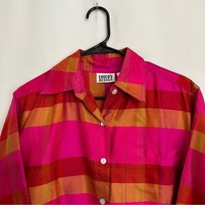 Vintage 90s Chico's Women's 100% Silk Striped Blouse in Pink & Orange Color sz M